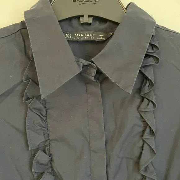 Zara Navy tuxedo ruffle detail blouse SMALL - Picture 3 of 3